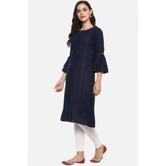 Generic Women's Casual Bell Sleeves Solid Cotton Slub Kurti (Blue)