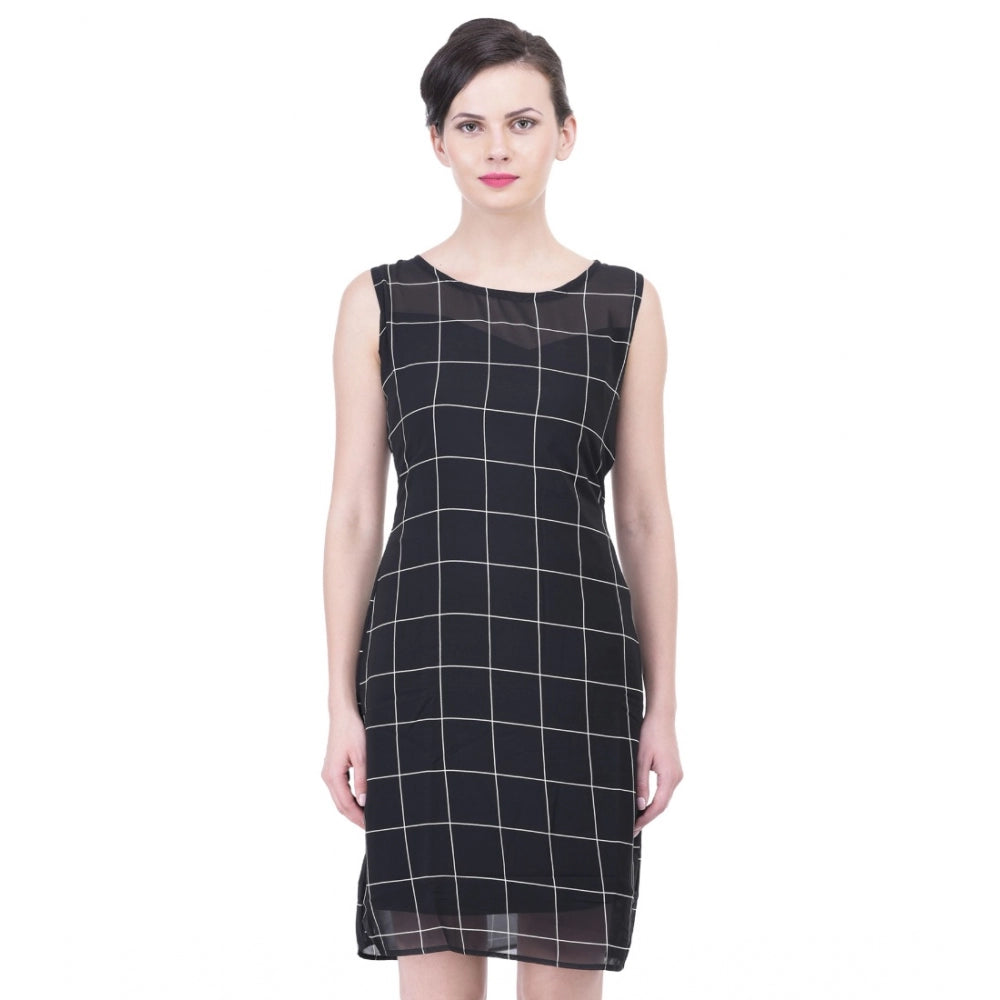 Generic Women's Cotton Blend Checked Sleeveless Sheath Dress (Black)