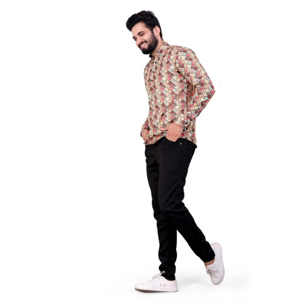Generic Men's Cotton Blended Printed Full Sleeve Short kurta (Multicolor)