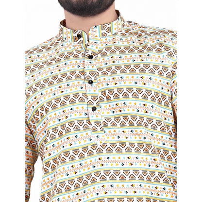 Generic Men's Cotton Blended Printed Full Sleeve Short kurta (Multicolor)