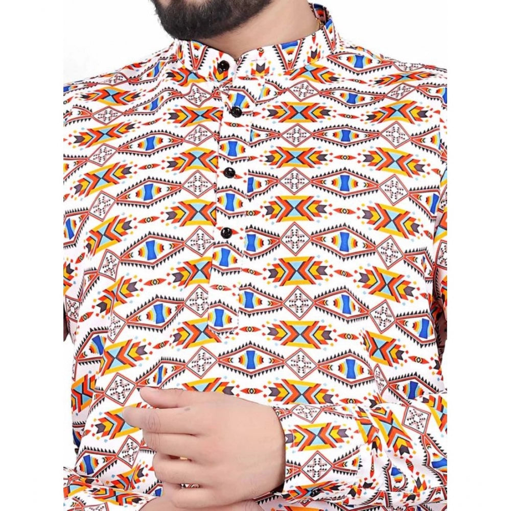 Generic Men's Cotton Blended Printed Full Sleeve Short kurta (Multicolor)