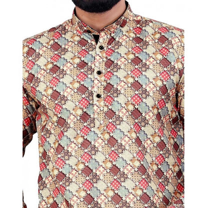 Generic Men's Cotton Blended Printed Full Sleeve Short kurta (Multicolor)