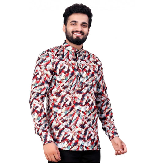 Generic Men's Cotton Blended Printed Full Sleeve Short kurta (Multicolor)
