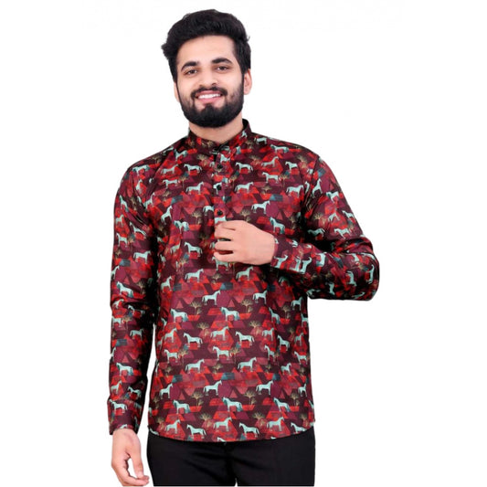 Generic Men's Cotton Blended Printed Full Sleeve Short kurta (Multicolor)