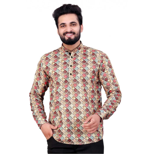 Generic Men's Cotton Blended Printed Full Sleeve Short kurta (Multicolor)