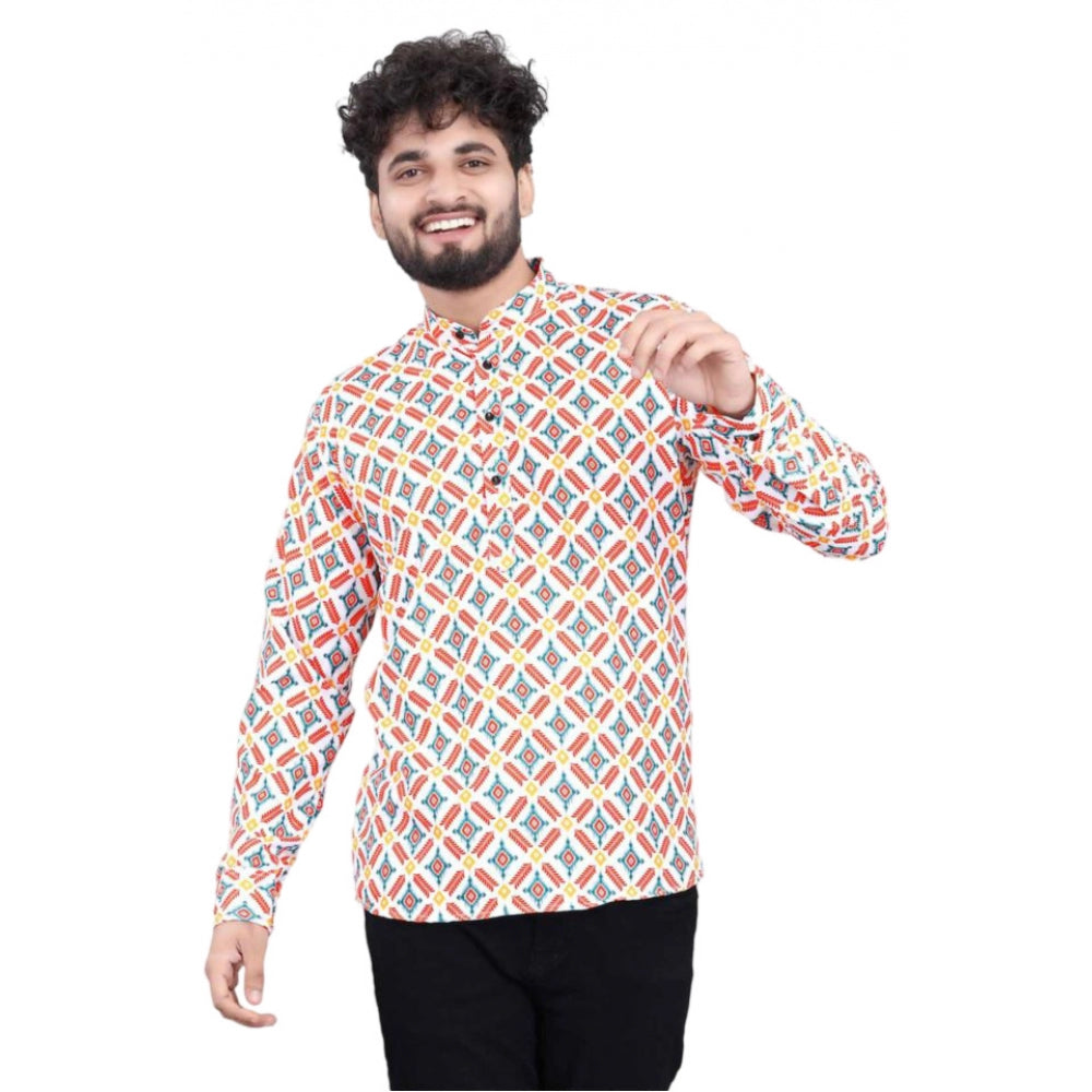 Generic Men's Cotton Blended Printed Full Sleeve Short kurta (Multicolor)