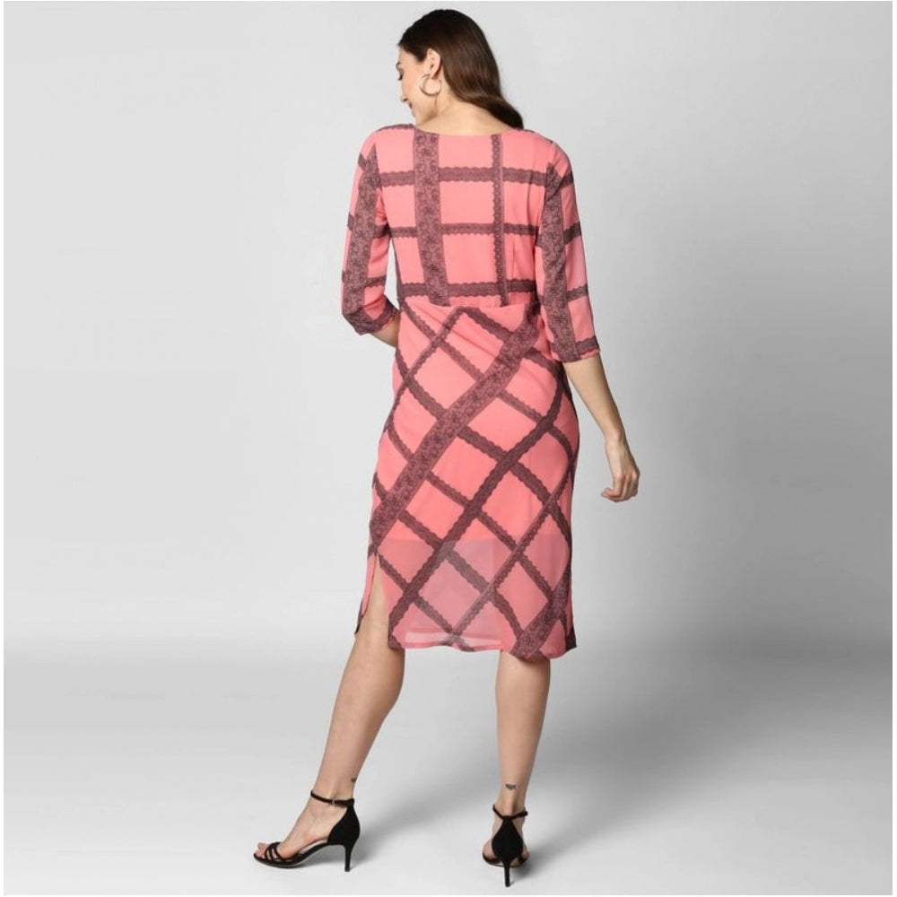 Generic Women's Polyester Checkered 3-4th Sleeves Below Knee Dress (Pink - Black)