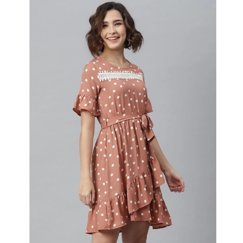 Generic Women's Polyester Polka Bell Sleeve Above Knee Dress (Brown)