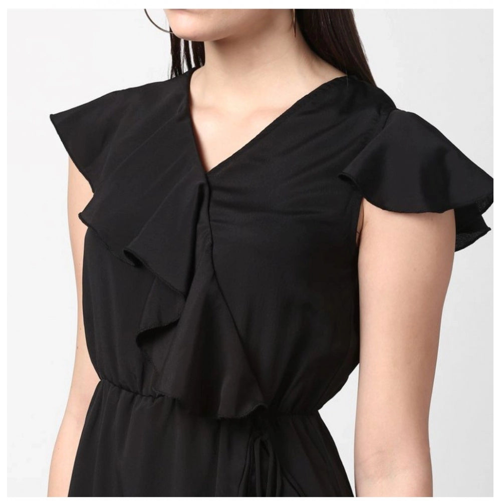 Generic Women's Polyester Ruffled Cap Sleeve Knee-Length Dress (Black)