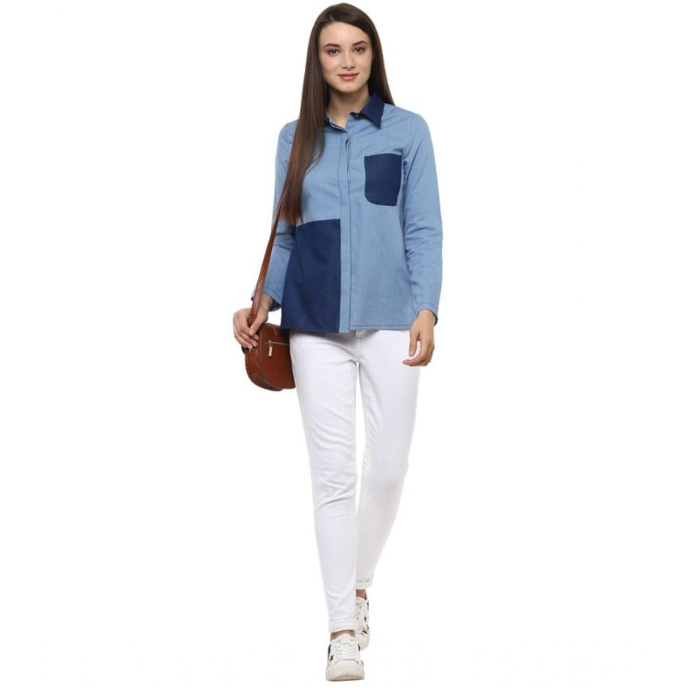 Generic Women's Denim Patch Work Long Sleeves Regular Top (Blue)