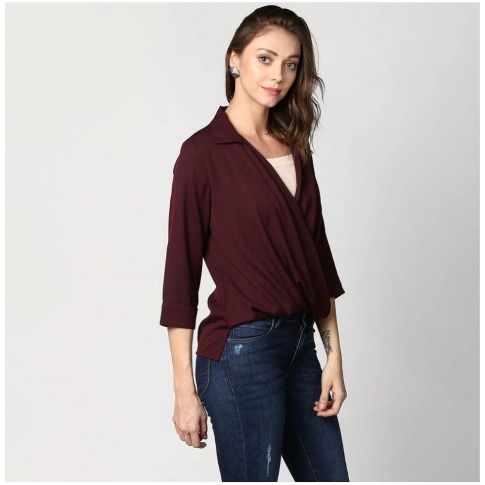 Generic Women's Polyester Solid 3-4th Sleeves Top (Maroon)