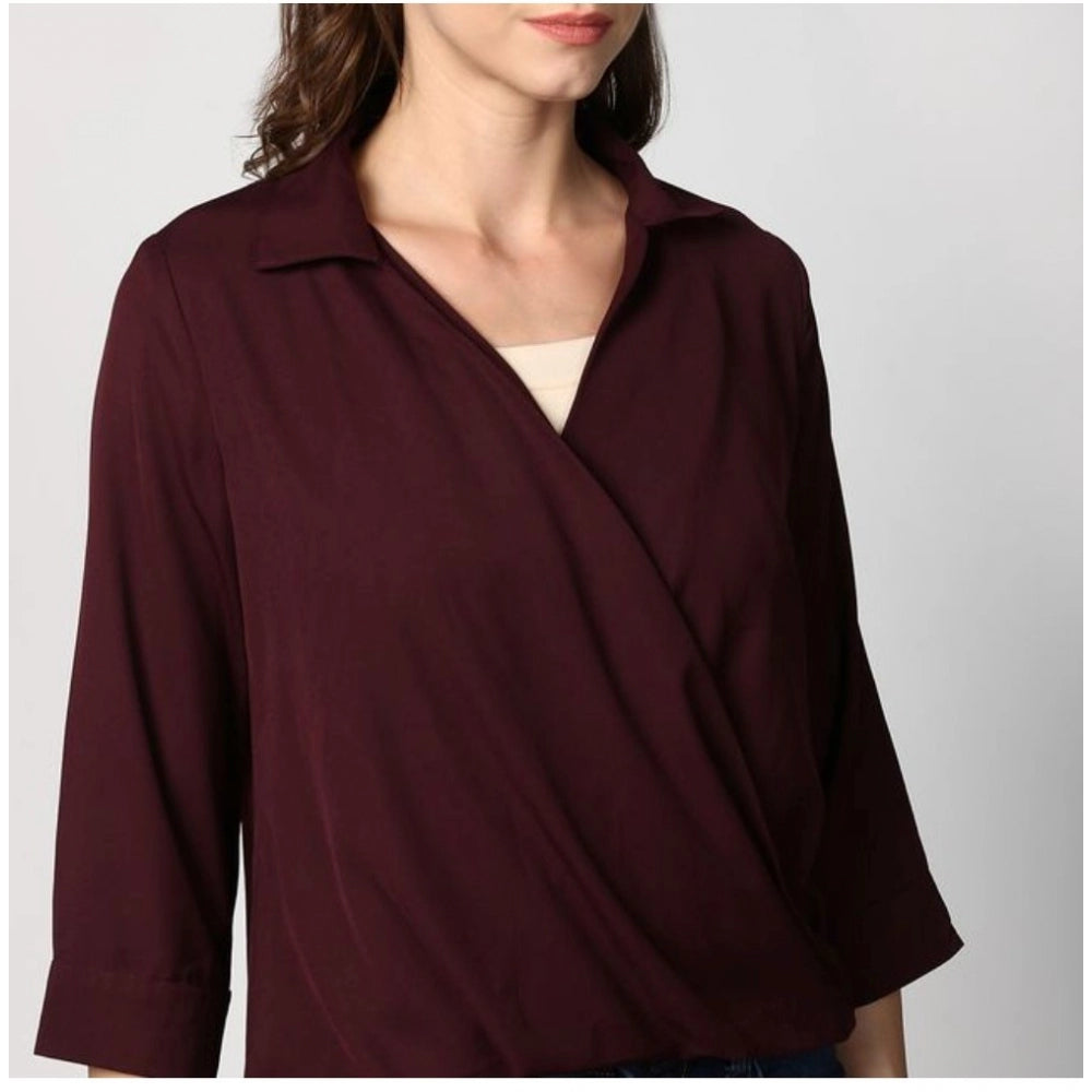 Generic Women's Polyester Solid 3-4th Sleeves Top (Maroon)