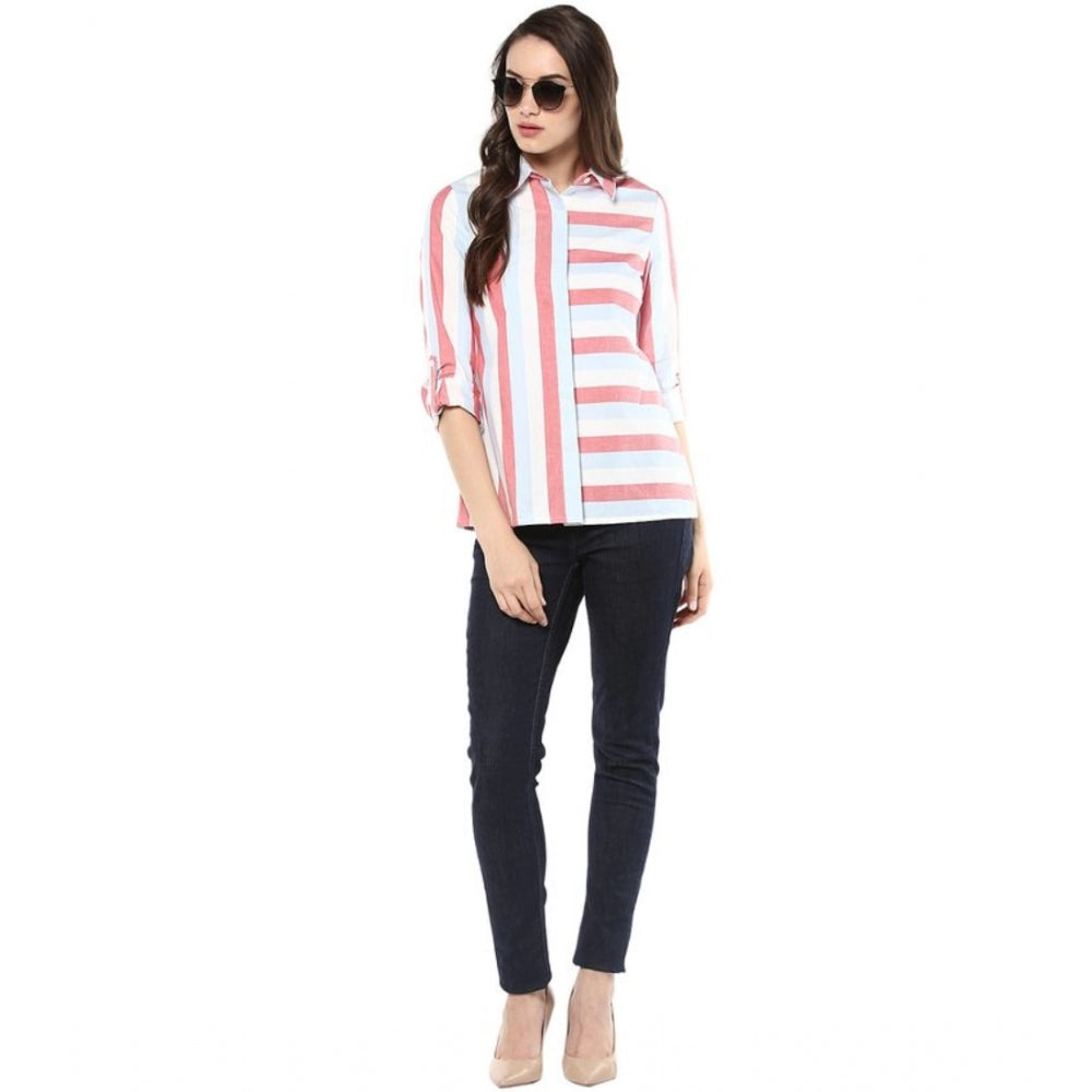 Generic Women's Cotton Striped Roll Up Sleeve Regular Top (Red)