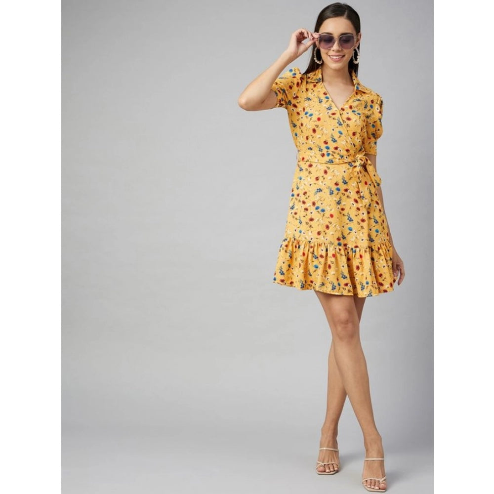 Generic Women's Polyester Floral Short Sleeve Above Knee Dress (Yellow)