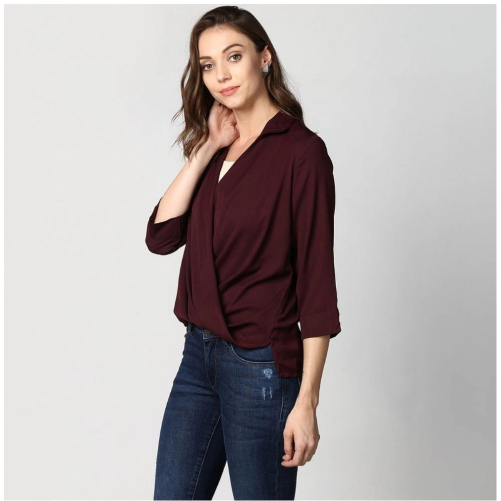 Generic Women's Polyester Solid 3-4th Sleeves Top (Maroon)