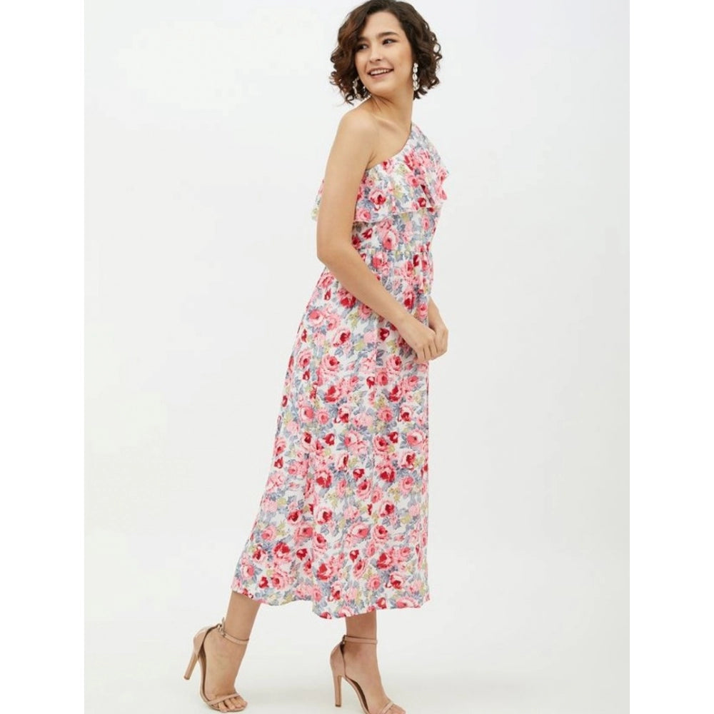 Generic Women's Polyester Floral One Shoulder Calf-length Dress (Multicolor)