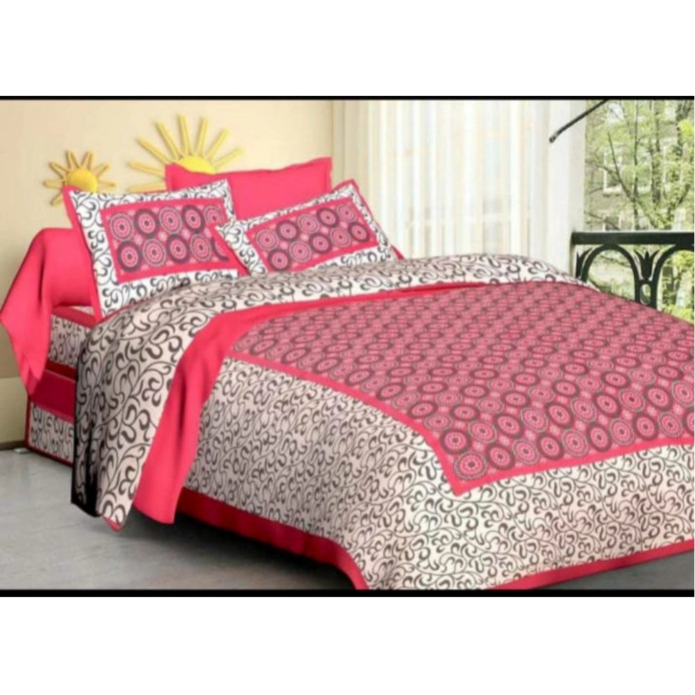 Generic Cotton Printed Queen Size Bedsheet With 2 Pillow Covers (Pink, 90x100 Inch)