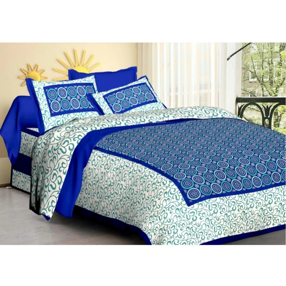Generic Cotton Printed Queen Size Bedsheet With 2 Pillow Covers (Blue, 90x100 Inch)