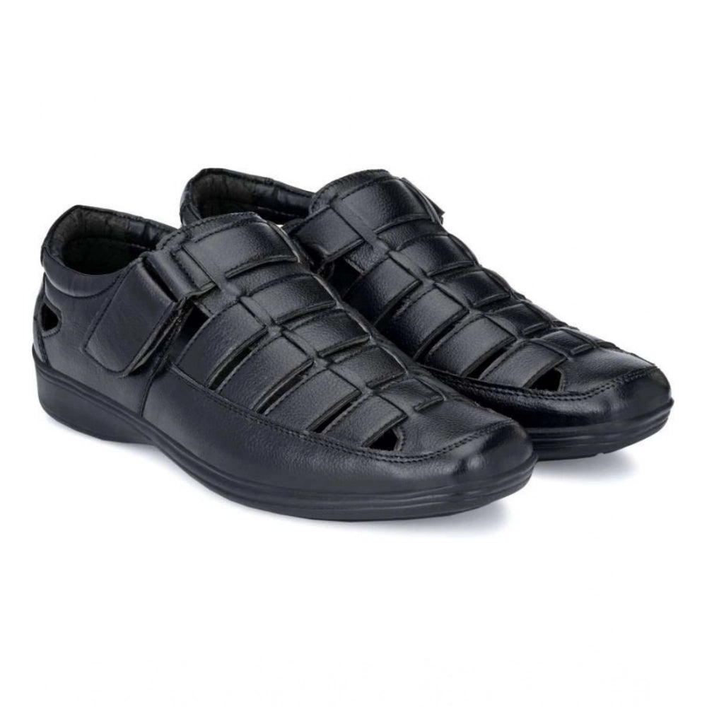Generic Men's Casual Faux Leather Solid Velcro Sandal (Black)