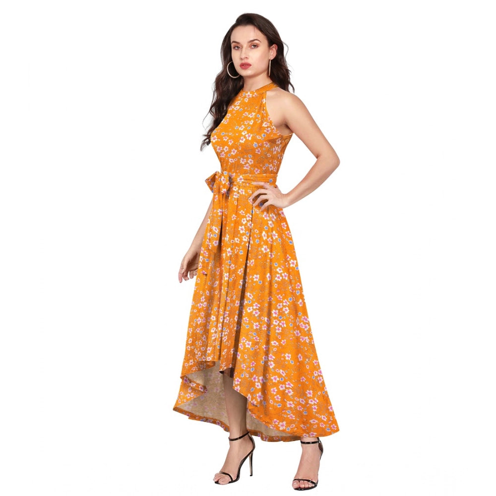 Generic Women's Polyester Printed Halter Neck Sleeveless Dress (Yellow)