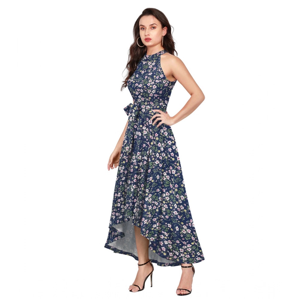 Generic Women's Polyester Printed Halter Neck Sleeveless Dress (Blue)