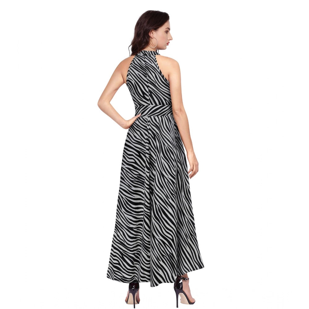 Generic Women's Polyester Zebra Pattern Halter Neck Sleeveless Dress (Navy Blue)