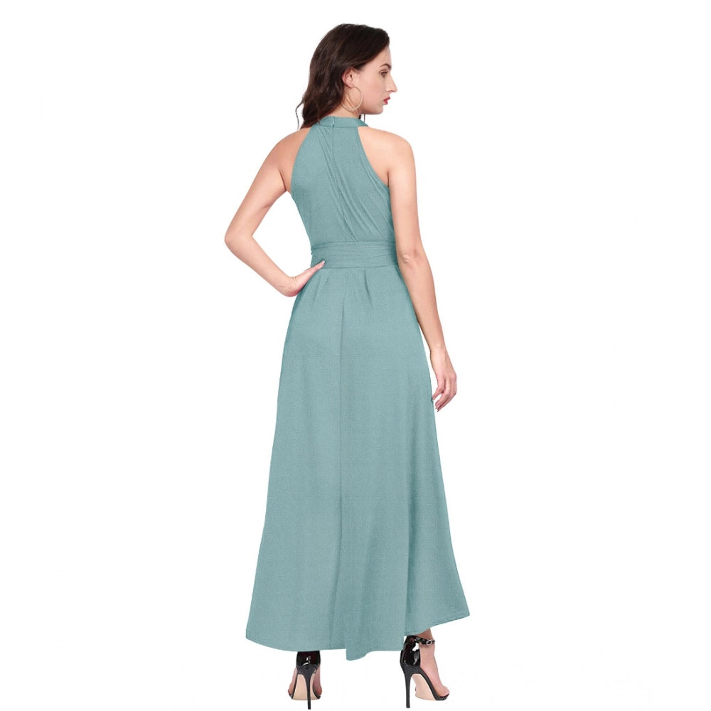 Generic Women's Polyester Solid Halter Neck Sleeveless Dress (Pista)