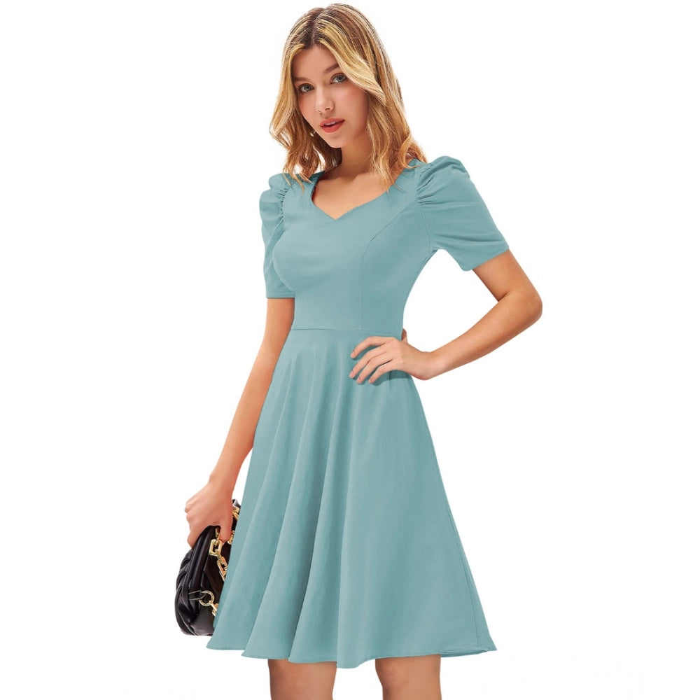 Generic Women's Knitting stretchable Solid V Neck Cap Sleeve Dress (Pista)
