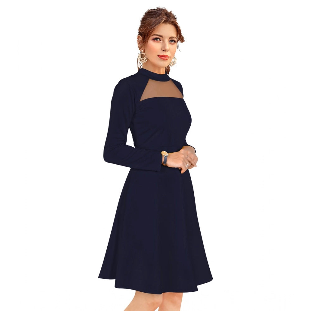 Generic Women's Knitting stretchable Solid Round Neck Full Sleeve Dress (Blue)