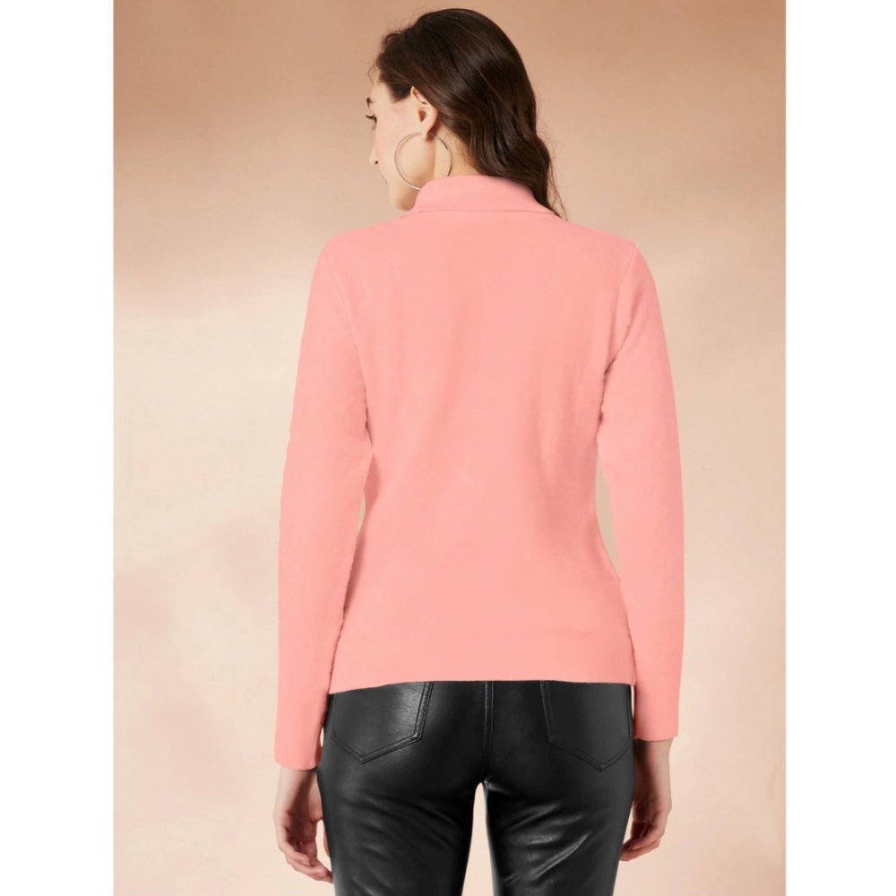 Generic Women's Polyester Solid High Neck Full Sleeve T-Shirt (Peach)