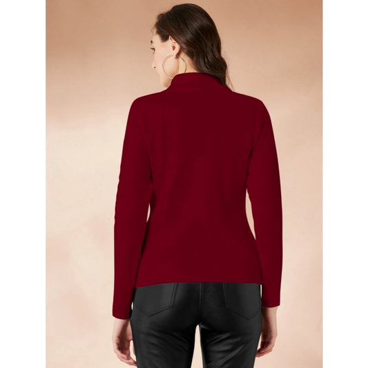 Generic Women's Polyester Solid High Neck Full Sleeve T-Shirt (Maroon)