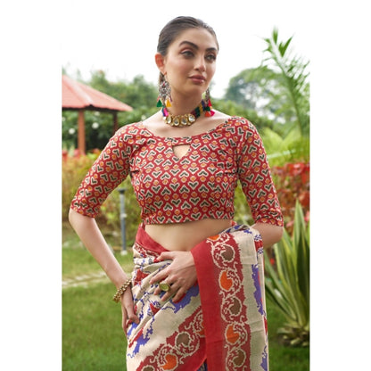 Generic Women's Tussar Silk Printed Saree With Unstitched Blouse (Maroon, 5.5 Mtr)