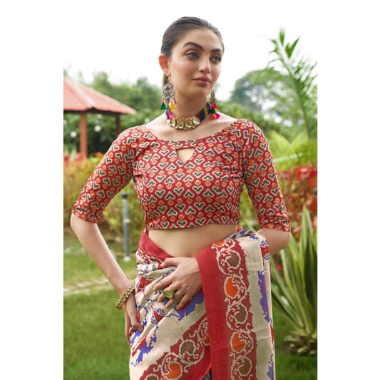 Generic Women's Tussar Silk Printed Saree With Unstitched Blouse (Maroon, 5.5 Mtr)