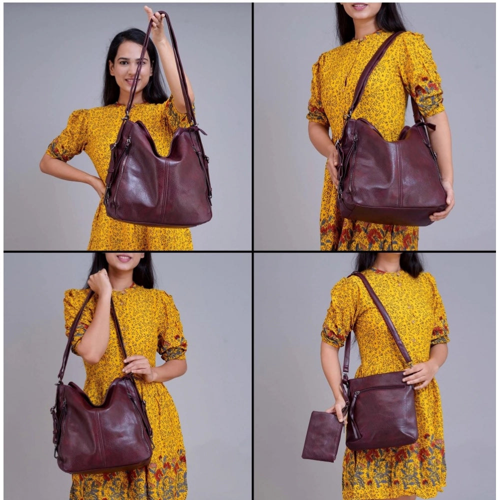 Generic Women's PU Leather Medium Shoulder Zipper Handbag (Wine red)