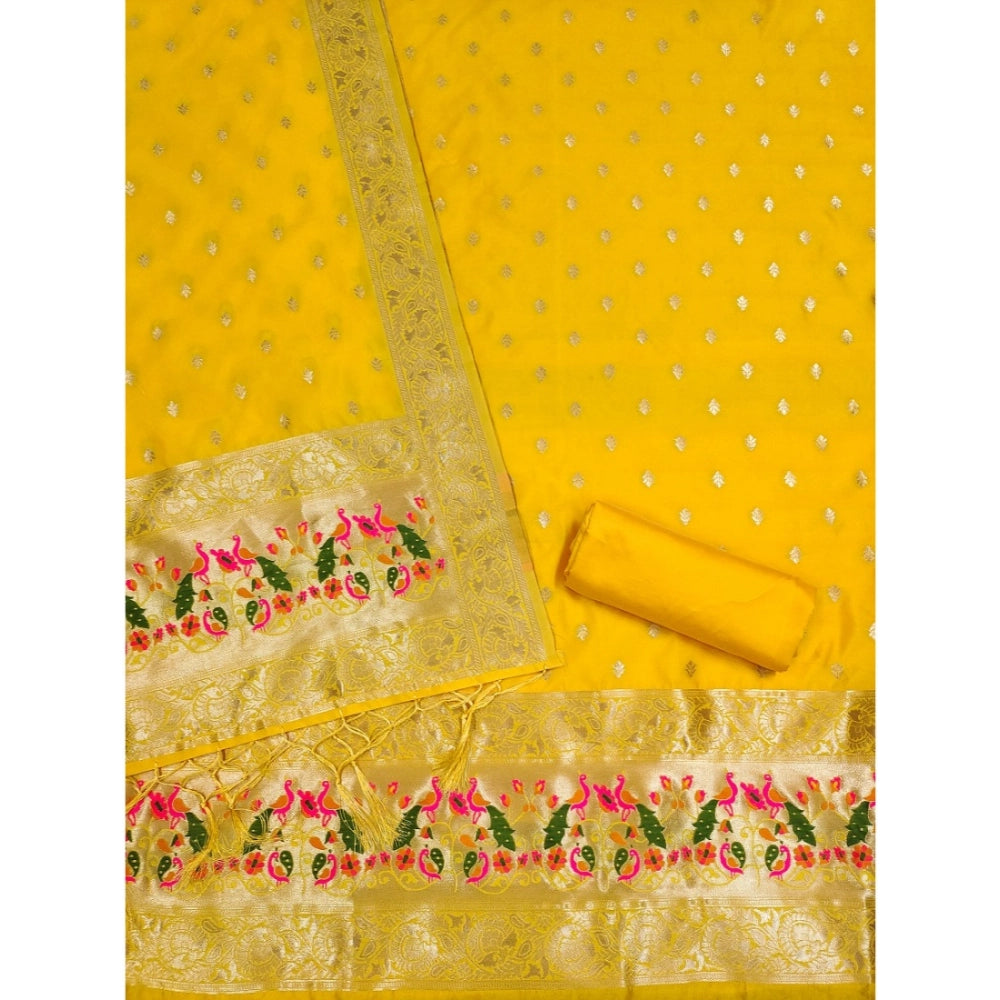Generic Women's Banarasi Silk Printed Unstitched Salwar Suit Material With Dupatta (Yellow, 3Mtrs)