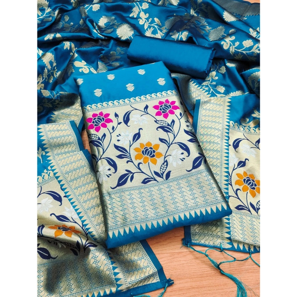Generic Women's Banarasi Silk Printed Unstitched Salwar Suit Material With Dupatta (Blue, 3Mtrs)
