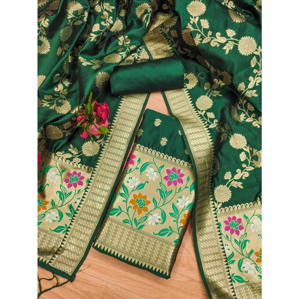 Generic Women's Banarasi Silk Printed Unstitched Salwar Suit Material With Dupatta (Green, 3Mtrs)