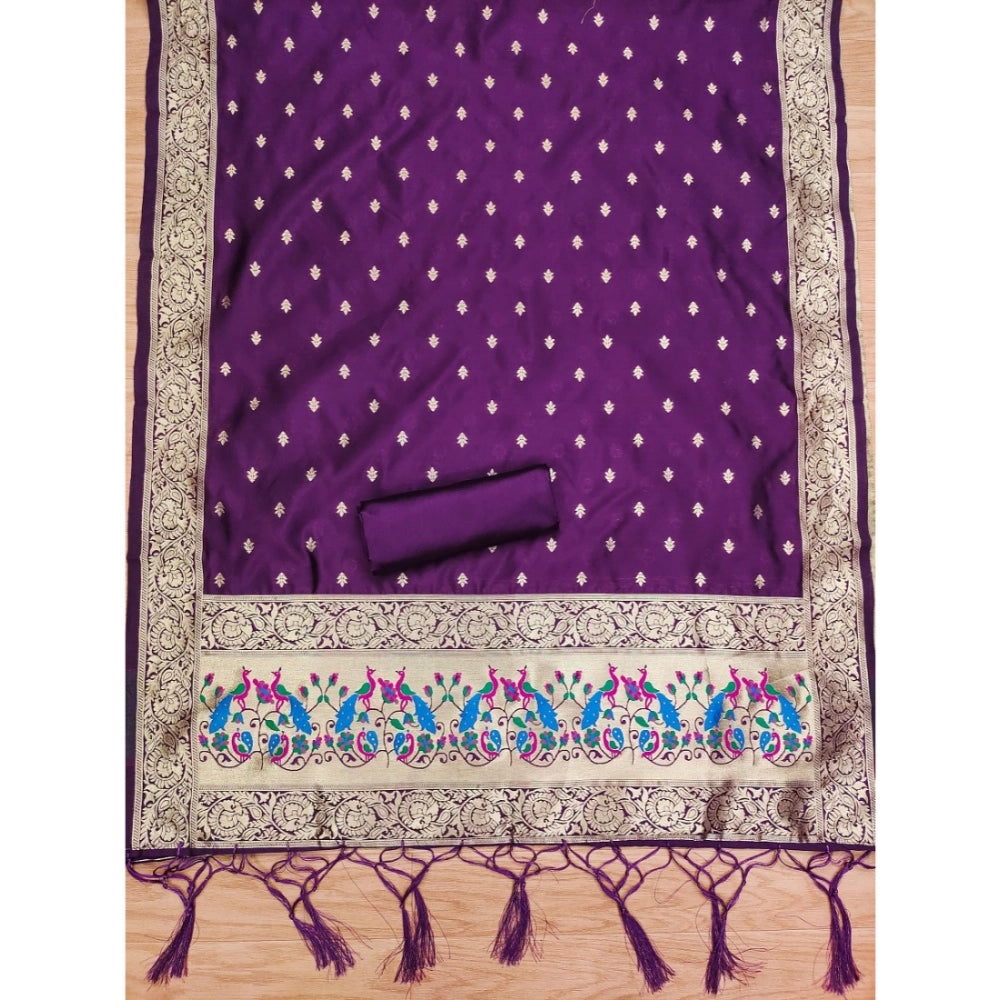 Generic Women's Banarasi Silk Printed Unstitched Salwar Suit Material With Dupatta (Purple, 3Mtrs)