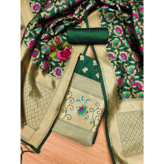 Generic Women's Banarasi Silk Printed Unstitched Salwar Suit Material With Dupatta (Green, 3Mtrs)