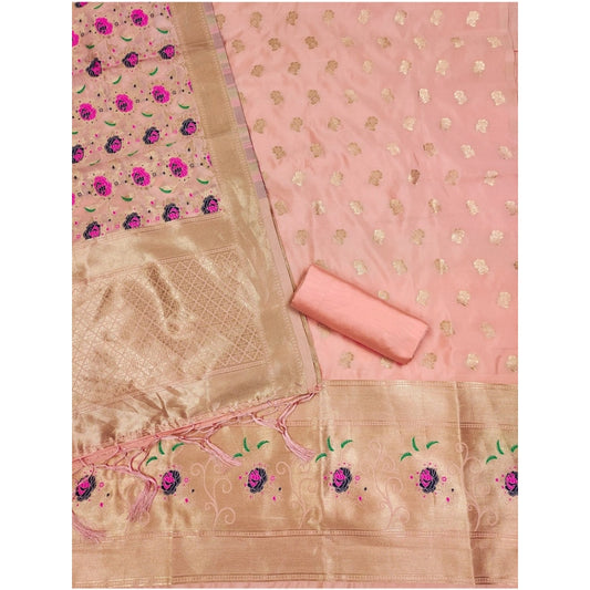 Generic Women's Banarasi Silk Printed Unstitched Salwar Suit Material With Dupatta (Peach, 3Mtrs)