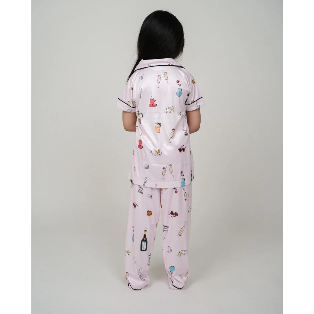 Generic Girl's Silk Bleand Printed Short Sleeve Night Suit Set (Light Pink)