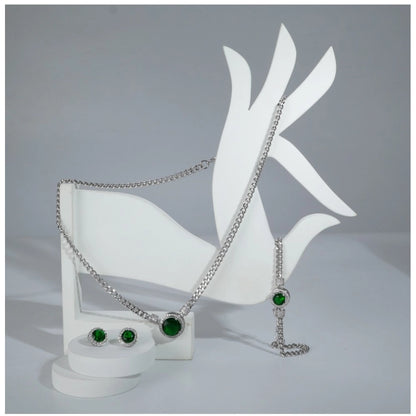 Generic Women's Stainless Steel Green Color Silver Chain Western Combo Jewelry (Silver Plated)