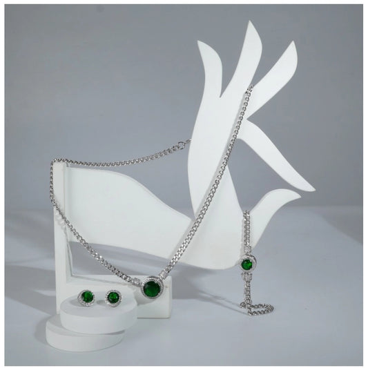 Generic Women's Stainless Steel Green Color Silver Chain Western Combo Jewelry (Silver Plated)