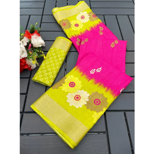 Generic Women's Cotton Blend Printed Saree With Unstitched Blouse (Pink, 5-5 Mtrs)