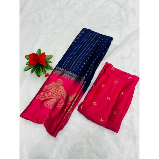 Generic Women's Chiffon Printed Saree With Unstitched Blouse (Dark Blue, 5-5 Mtrs)