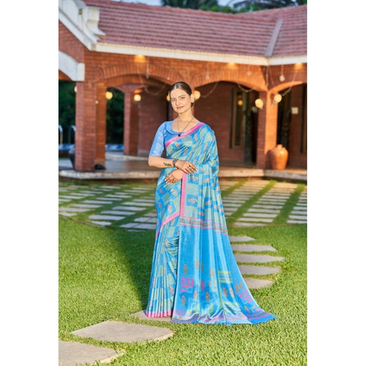 Generic Women's Crepe Printed Saree With Unstitched Blouse (Blue, 5-5 Mtrs)