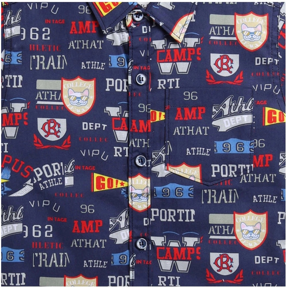 Generic Boy's Cotton Blend Printed Short Sleeve Shirt (Navy Blue)