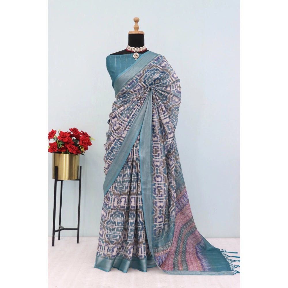 Generic Women's Linen Digital Print Saree With Unstitched Blouse 5.5Mtr (Green)