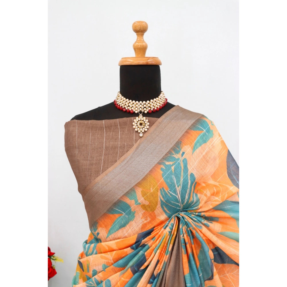 Generic Women's Linen Digital Print Saree With Unstitched Blouse 5.5Mtr (Green)