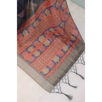 Generic Women's Linen Digital Print Saree With Unstitched Blouse 5.5Mtr (Blue)